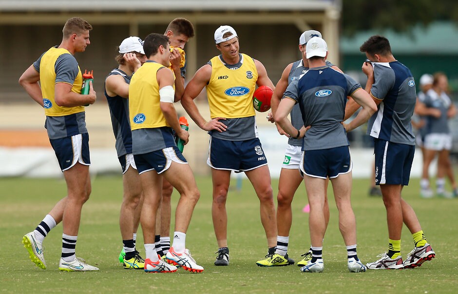 AFL 2015 Training - Geelong 231115 Geelong players, including recruit Lachie Henderson (centre) at training earlier this summer - ${keywords}